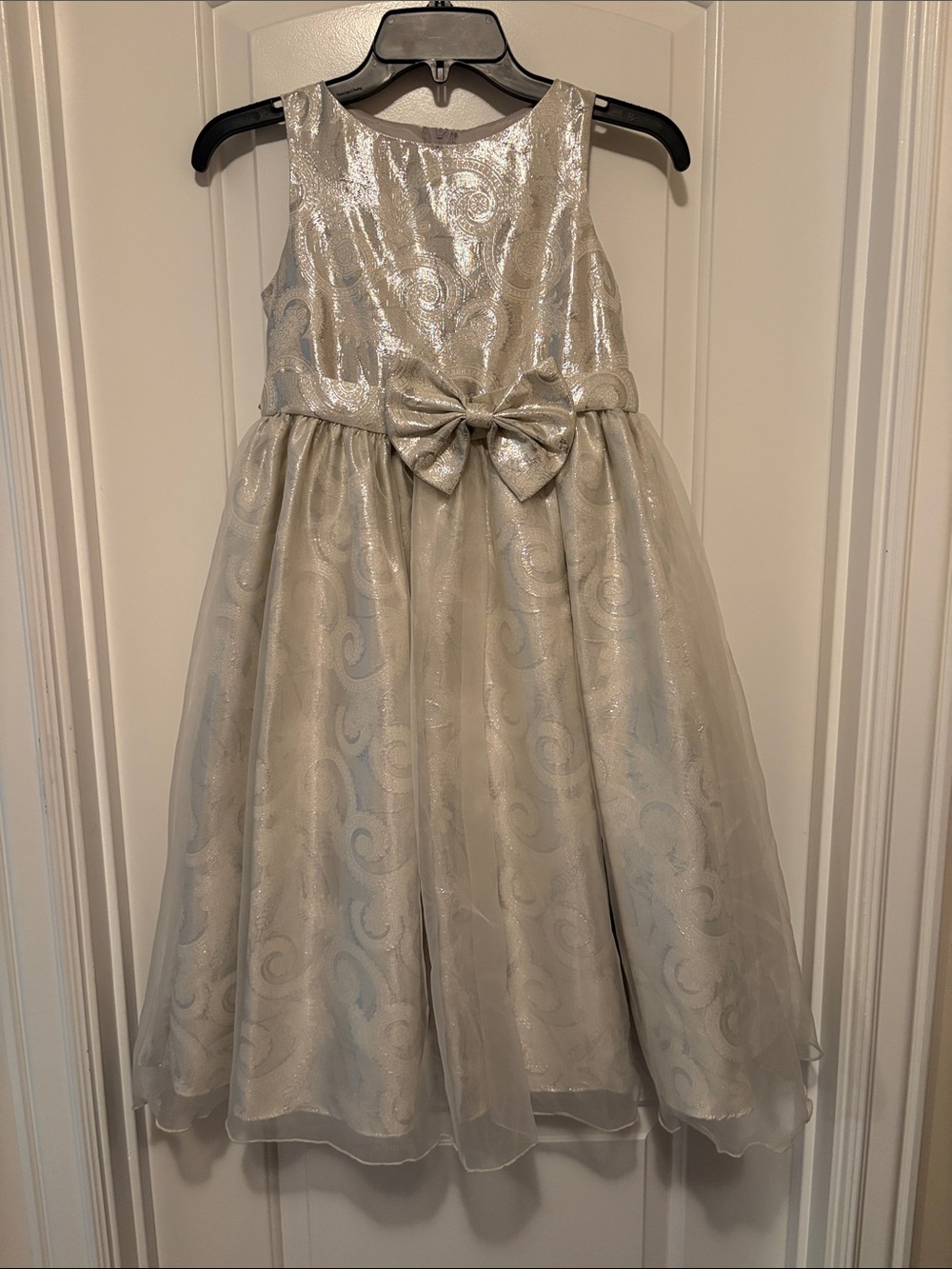 Shimmery Silver Bow-Front Girls Formal Dress